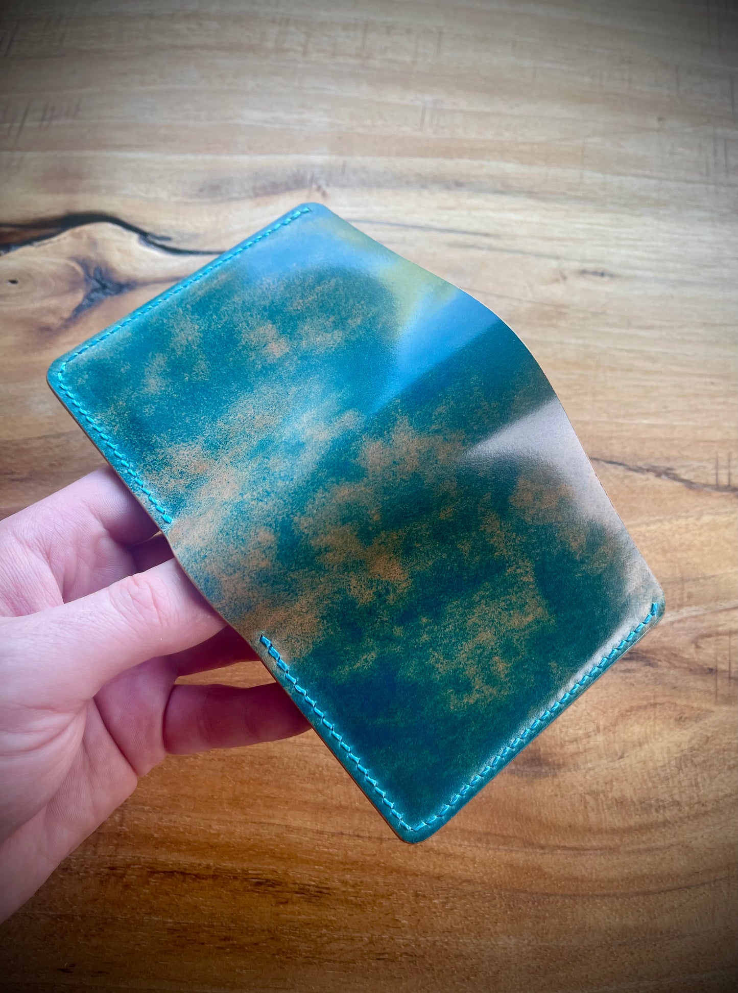 Lark wallet - Teal Marbled Shell Cordovan and Olmo Pueblo