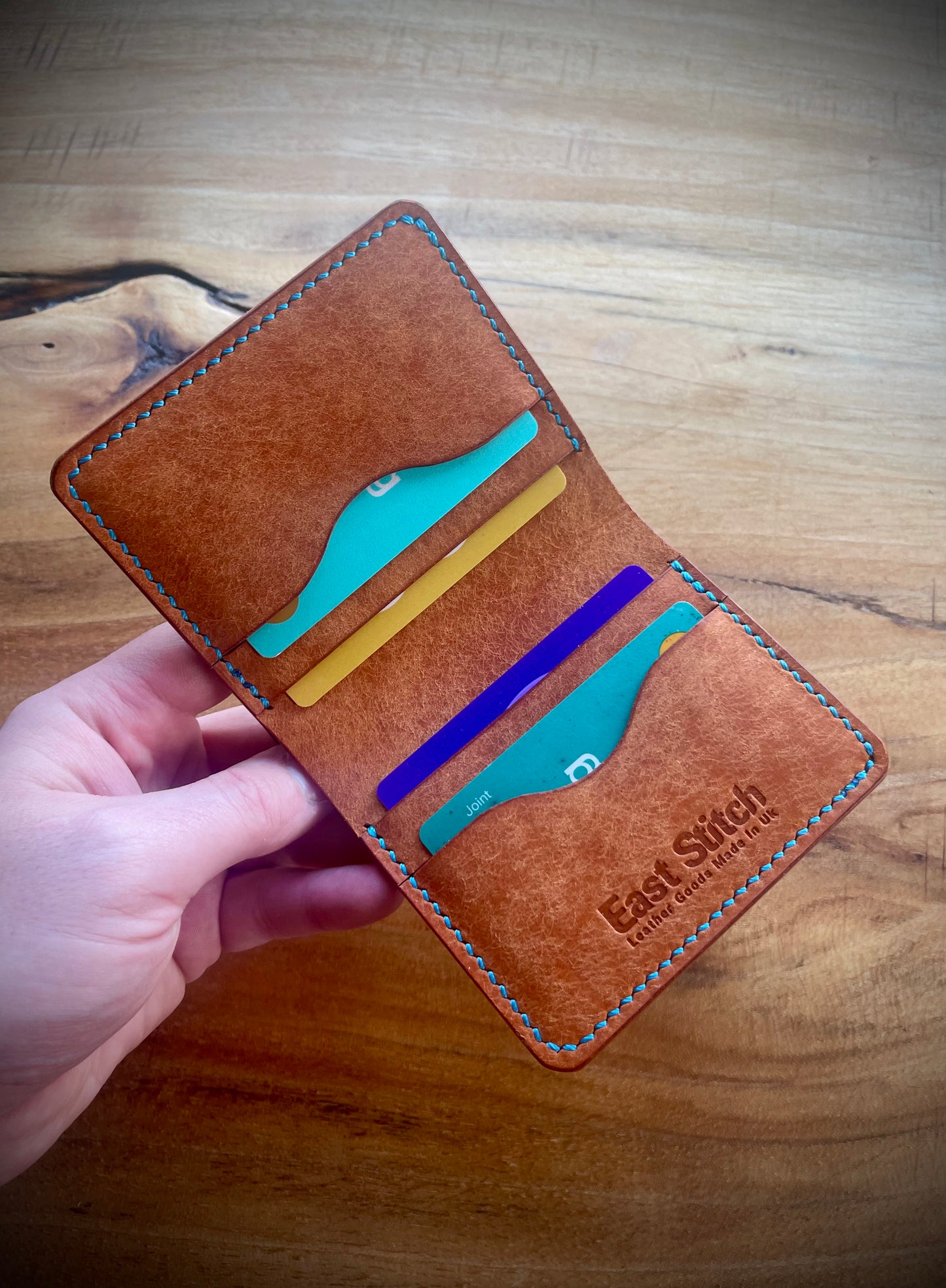 Lark wallet - Teal Marbled Shell Cordovan and Olmo Pueblo