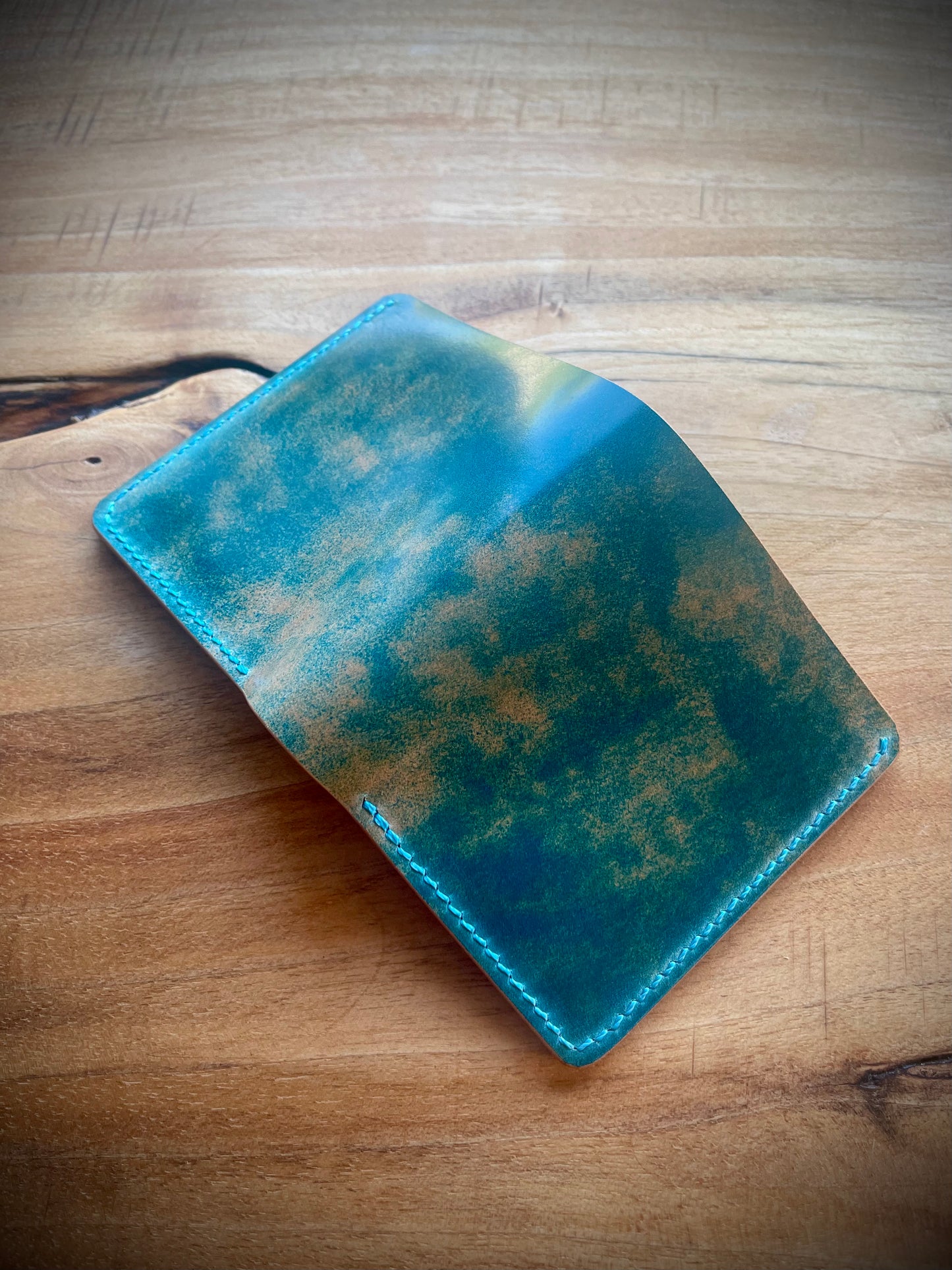 Lark wallet - Teal Marbled Shell Cordovan and Olmo Pueblo